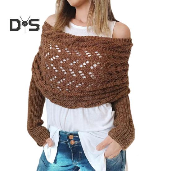 Knitted Cable Wrap Scarf with Sleeves Soft Bohemian Style Shawl Scarf Hollow Crochet Pattern Cross Wrap Scarf Sweater Wrap