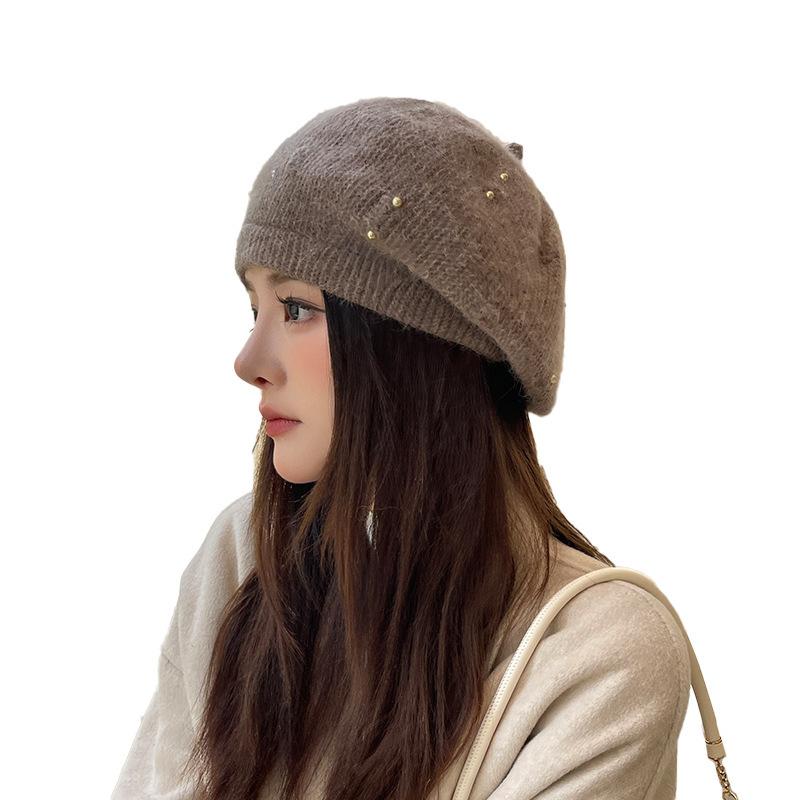 Handmade pearl rhinestone wool beret women's autumn and winter new octagonal painter hat fashion warm bud hat