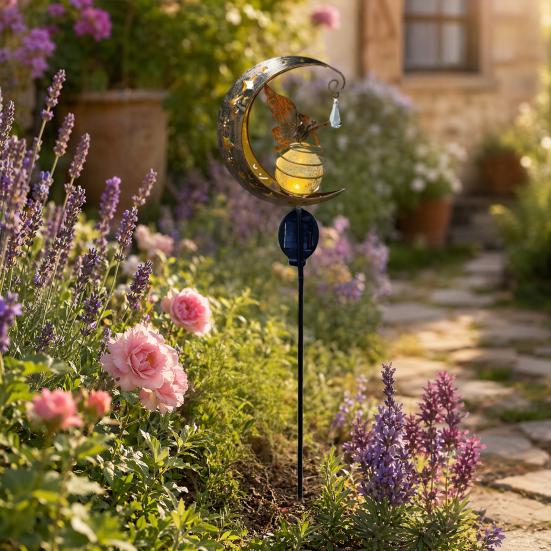 Solar Garden Light, Butterfly Fairy Moon Figurine Stake Light, Outdoor Waterproof Solar Powered Pathway Light for Patio, Lawn, Yard Decor