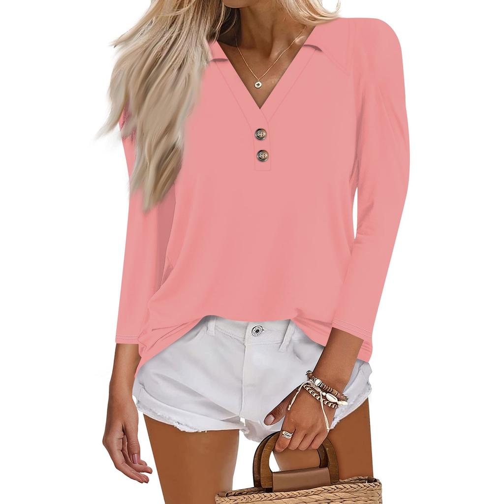 Женская летняя модная повседневная однотонная рубашка с v-образным вырезом и воротником на пуговицах с семиточечным принтом, топ