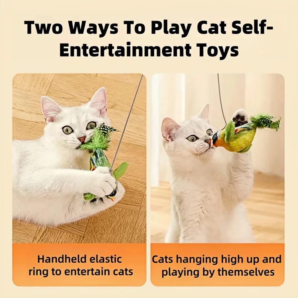 Chirping Bird Cat Toy Interactive Flapping Wings Plush Bird Toy, Elastic Rope To Relieve Boredom and Resist Scratching and Biting