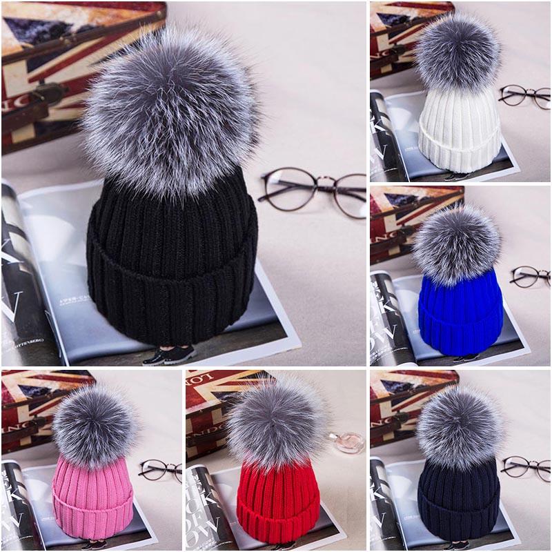 Detachable Faux Mink Silver Fox Fur Ball Cap Pom Poms Winter Hat for Women Girl 's Hat Knitted Beanies Cap