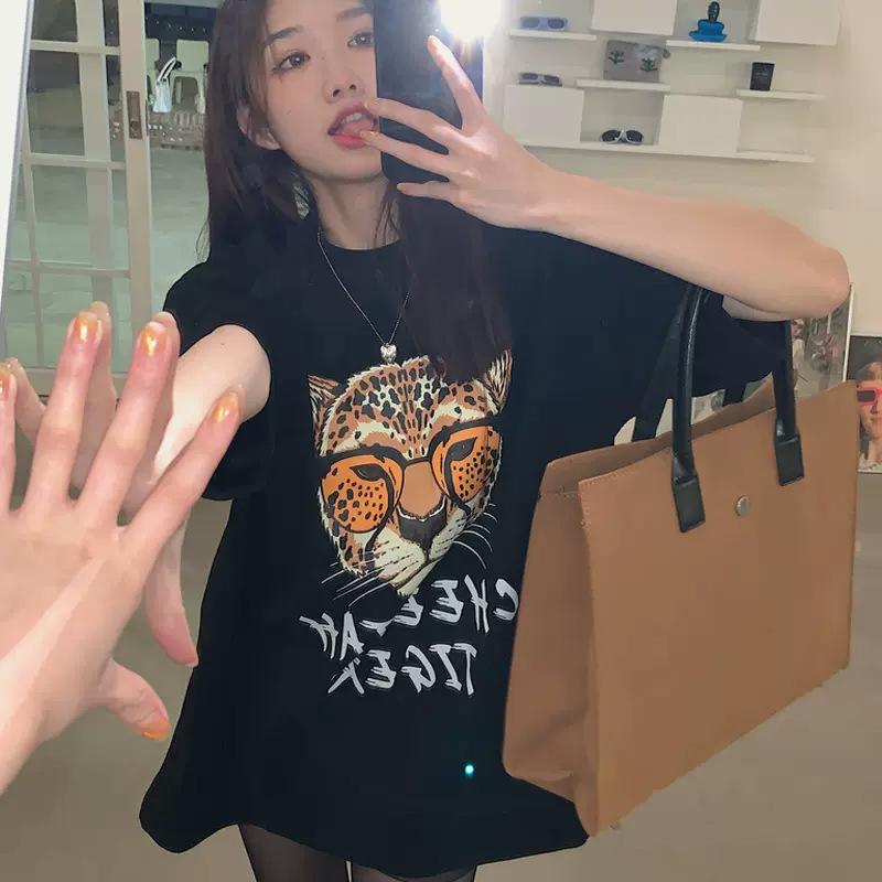 Футболка средней длины с короткими рукавами и принтом тигра для женщин, новый повседневный свободный топ с короткими рукавами на лето