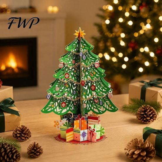 Exquisite Christmas Scene Decoration 3D Puzzle Paper Tree Decoration, Holiday Desktop Ornaments Easy Assembly with Star Topper And Gift Box