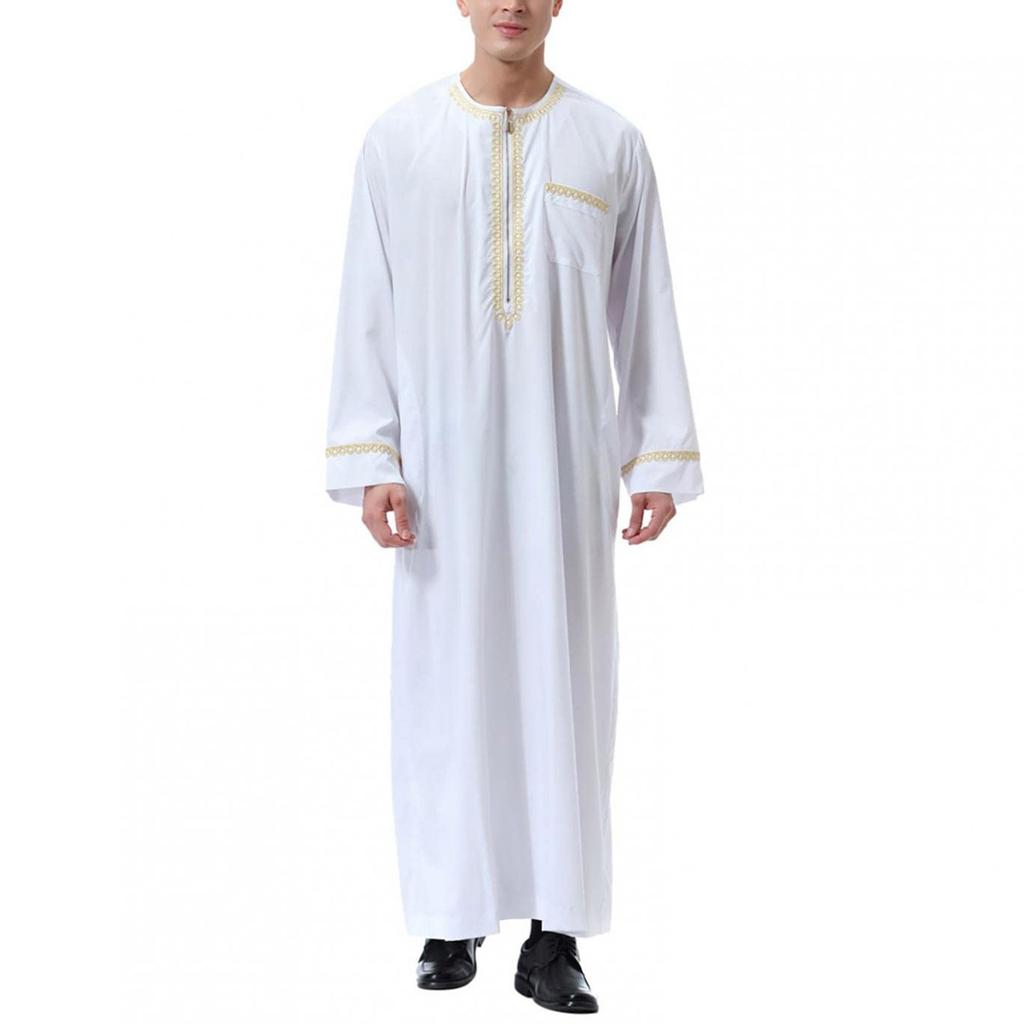 Men's Muslim Shirt Print Kaftan Islamic Royalty Dubai Robe O-Neck Long Sleeve Retro Tunics Abaya Loose Kandoura