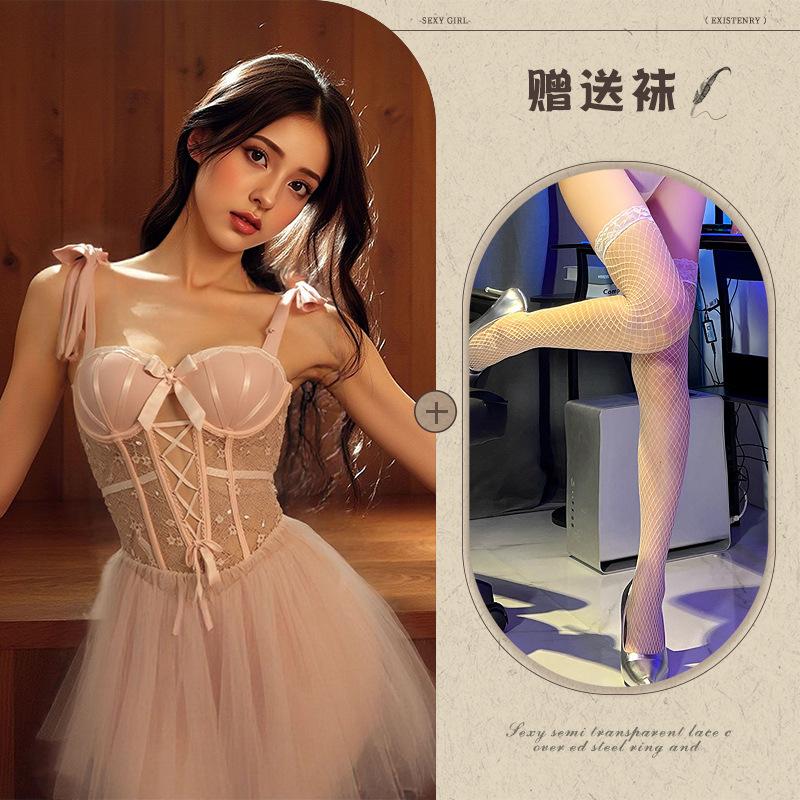 Sexy underwear, sexy slim mesh perspective plus chest pad, steel ring gathering suspenders, nightdress women's suit