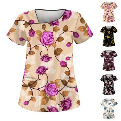 Женская повседневная рабочая одежда с короткими рукавами и принтом, топ с двойным карманом