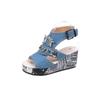 Large Slope Heel Denim Round Toe Fish Mouth Sandals New Fashionable and Comfortable, Versatile Rhinestone High Heels