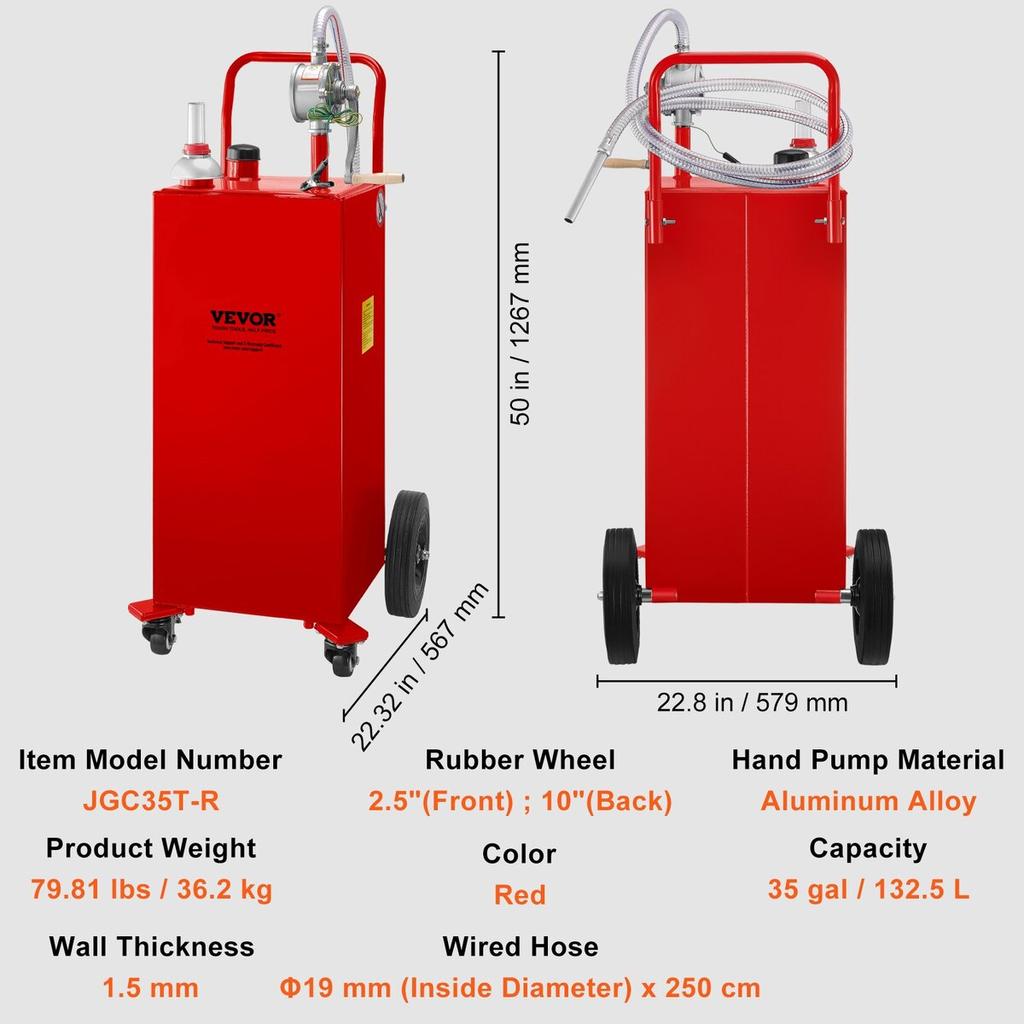 Fuel Caddy, 35 Gallon, Gas Storage Tank on 4 Wheels, with Manuel Transfer Pump, Gasoline Diesel Fuel Container for Cars, Lawn Mowers, ATVs, Boats,