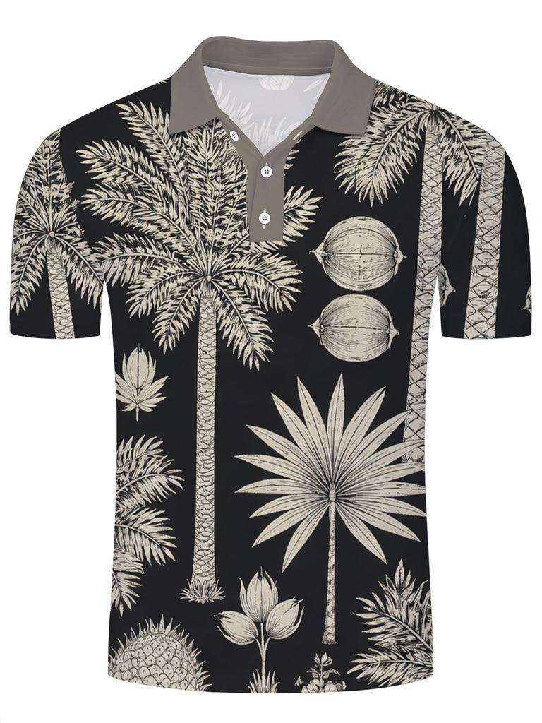 Men's Short-Sleeve Polo T-Shirt with Tropical Pattern, Casual Lapel, Loose Fit, Botanical Print, Printed Outdoor Sports Short-Sleeve Shirt, Black and