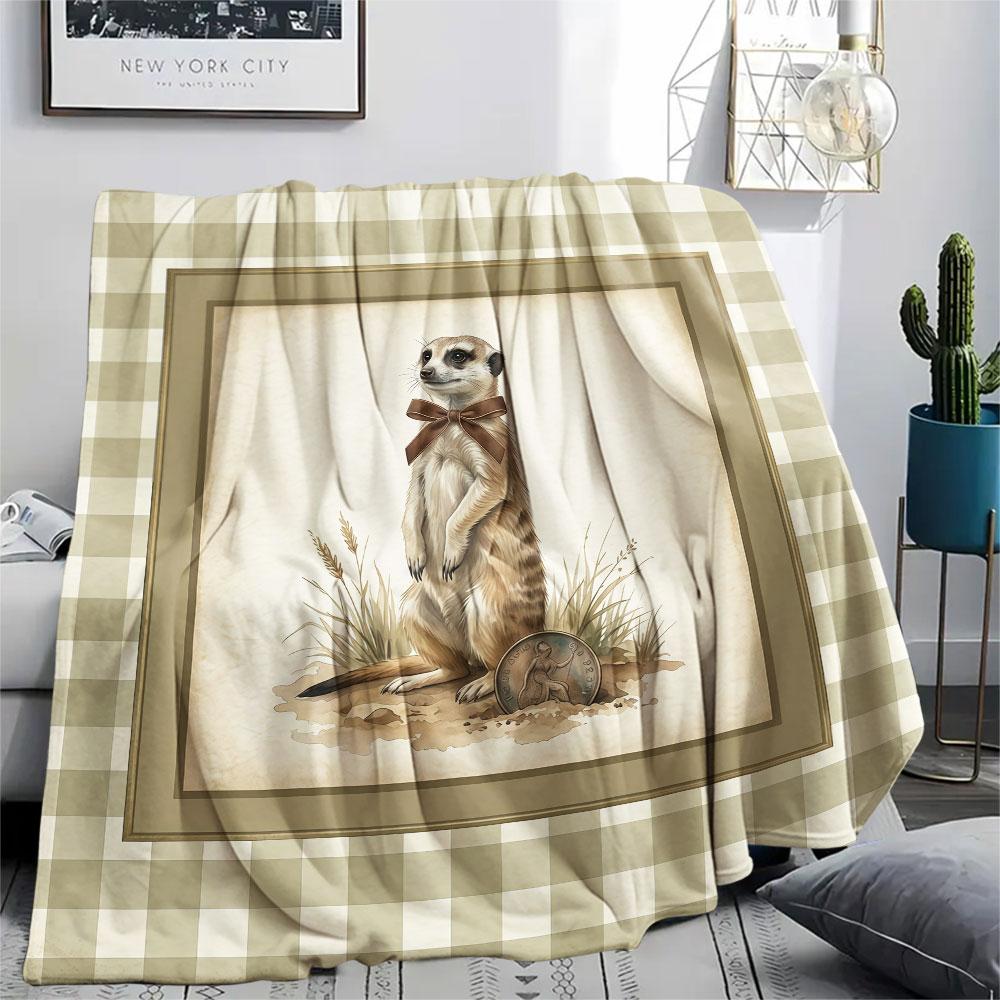1PC Meerkat Bowtie Patterned Flannel Blanket Suitable For All Seasons for Home Decor Warmth and Comfort Halloween Gifts Christmas Gifts