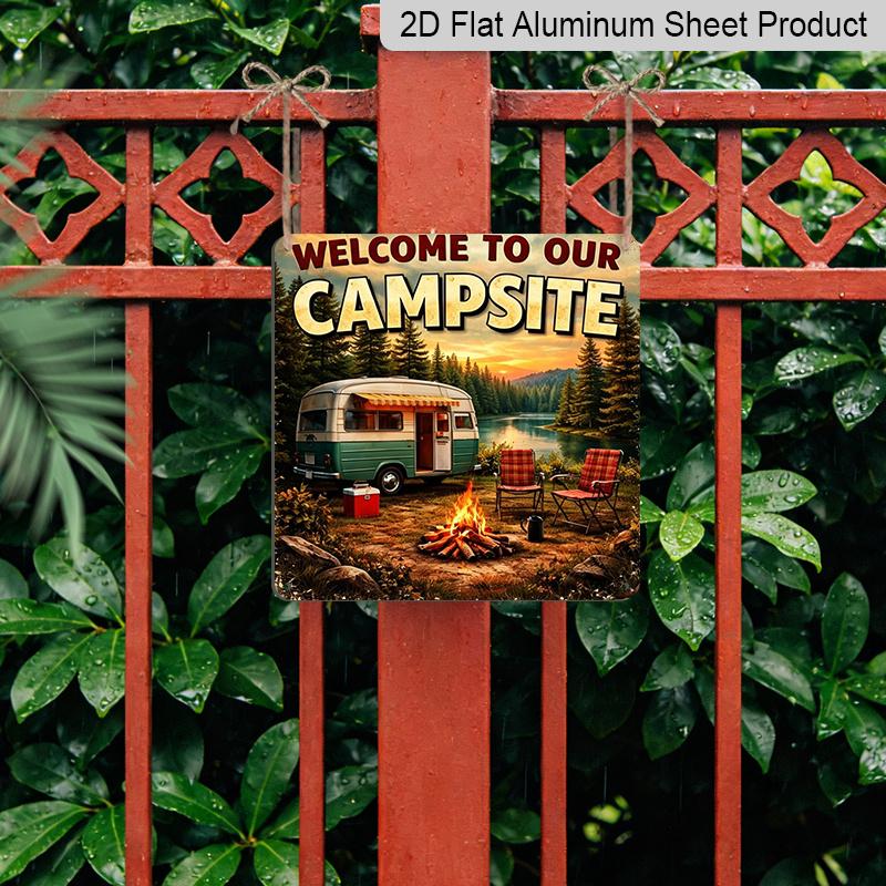2D Flat, 1pc Vintage Metal Camp Sign - Rustic "Welcome To Our Campsite" Wall Decor Plaque Suitable for Outdoor Use, Cabin, RV, Entrance - Camping