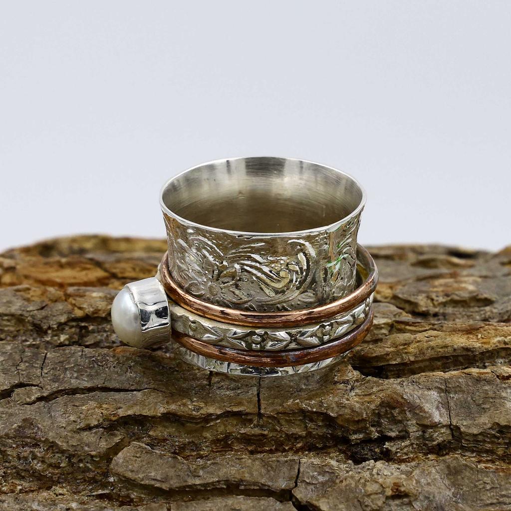 Кольцо из стерлингового серебра 925 пробы, Кольцо с белым жемчугом, Двухцветное кольцо, Кольцо в богемном стиле, Дизайнерское кольцо, Серебряные украшения