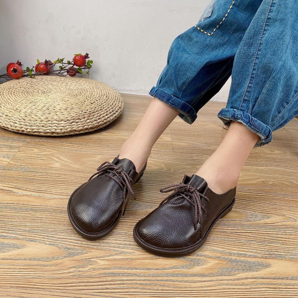 Johnature Women Flats Shoes Round Toe Lace-up Genuine Leather Casual Handmade Comfortable Solid Color Shoes