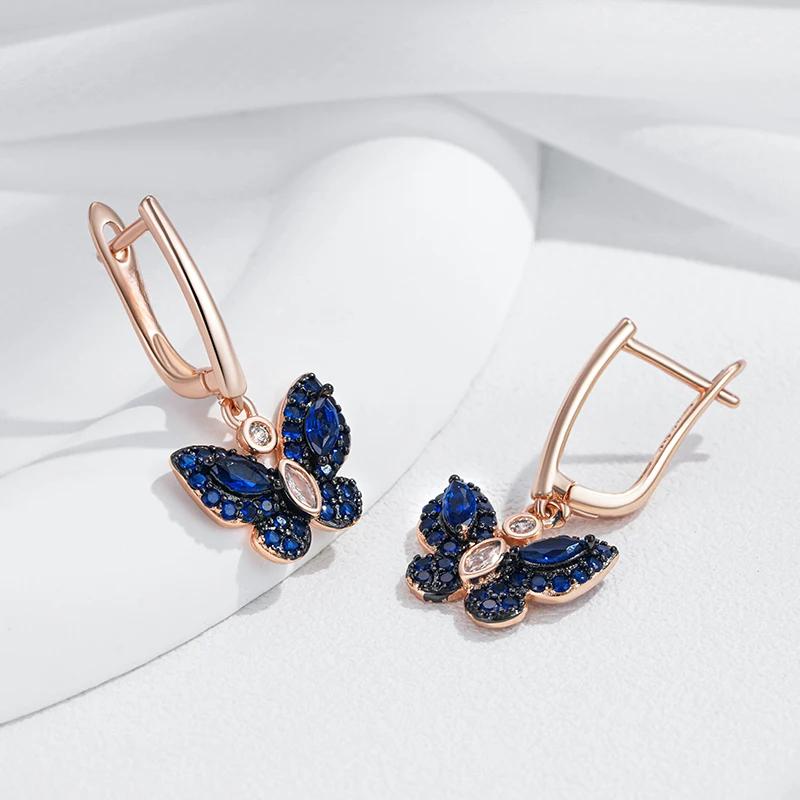 Изысканные серьги-подвески в виде бабочки из голубого циркония для женщин, модные серьги-подвески цвета розового золота для вечеринок в стиле панк