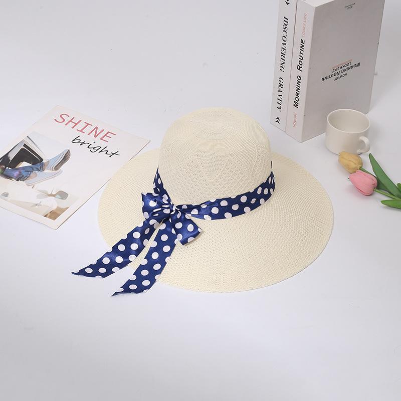 Летняя новая шляпа женская в горошек с бантом и лентами соломенная шляпа дорожная пляжная шляпа с большими полями от солнца