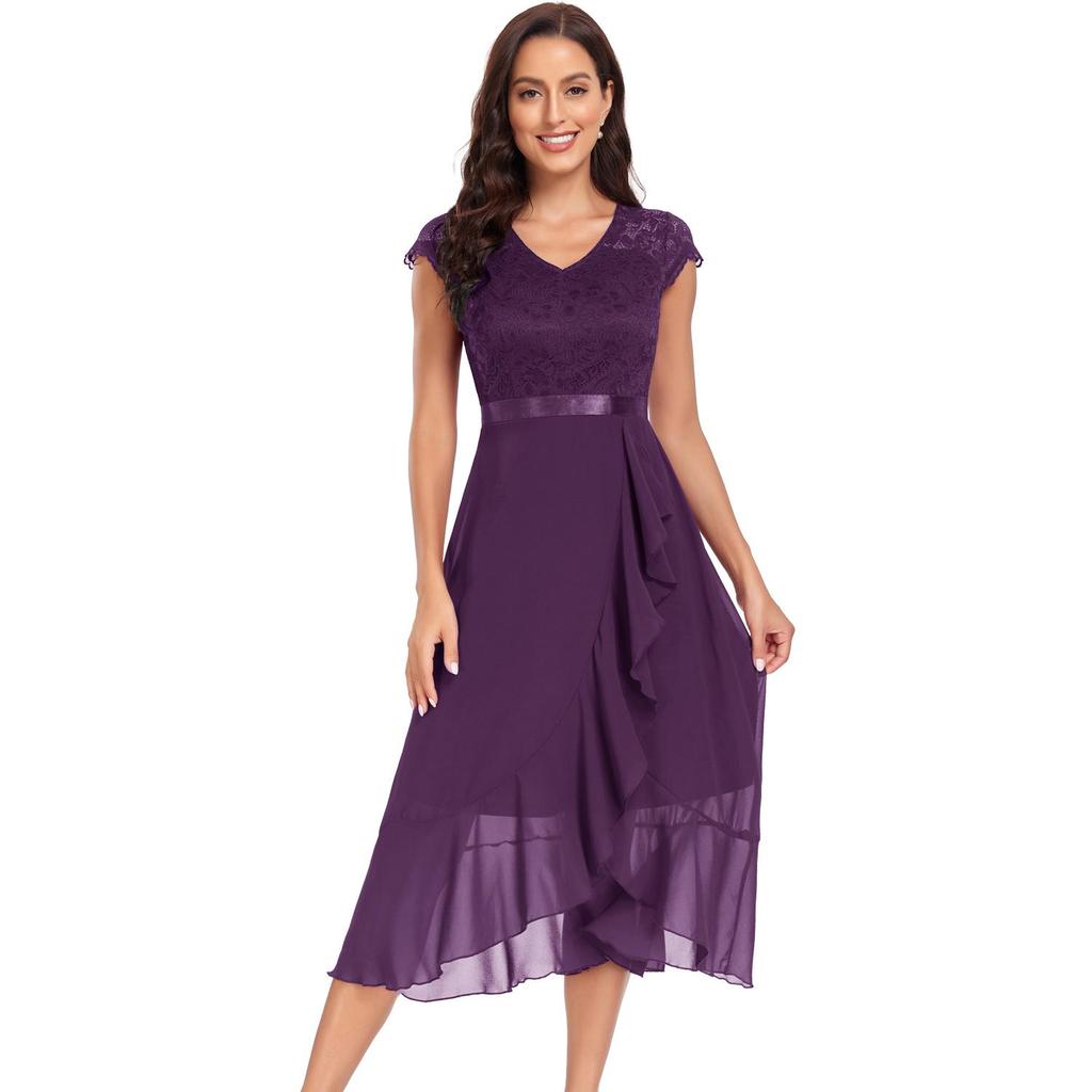 Женское свободное платье с v-образным вырезом и кружевным топом Нерегулярная шифоновая юбка с рюшами Миди для выпускного вечера Платья для торжественных случаев для вечеринки, свадьбы, вечернего коктейля