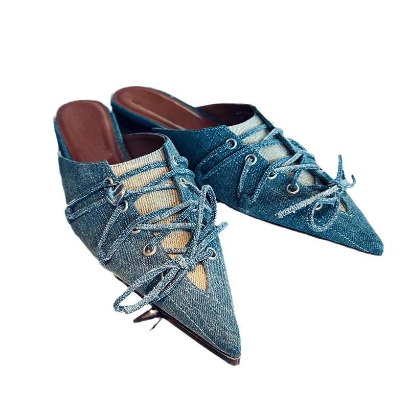 Роскошные дизайнерские женские тапочки из денима синего цвета, сексуальные сандалии с острым носком и перекрестными шнурками, элегантные удобные туфли-мюли на плоской подошве для женщин