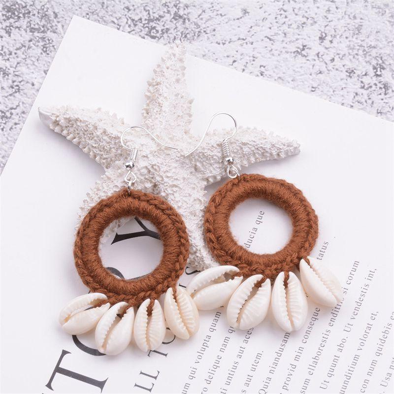 Серьги-ракушки с кисточками, модные пляжные серьги в стиле бохо, оригинальные новые большие круглые висячие серьги, женские вязаные крючком серьги