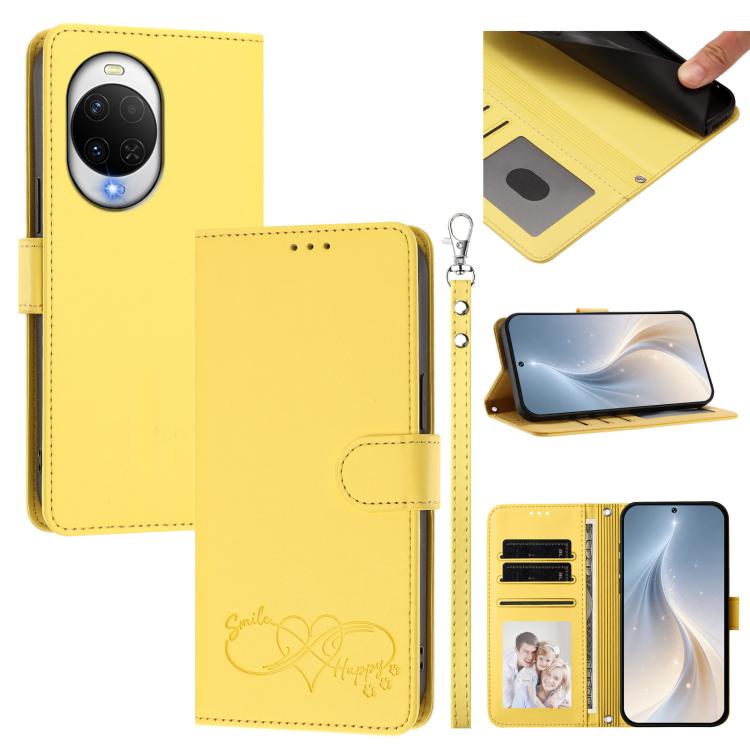 Happy Heart Pattern Magnetic Closure Vegan Leather Phone Case with Wrist Strap For Huawei Mate 60