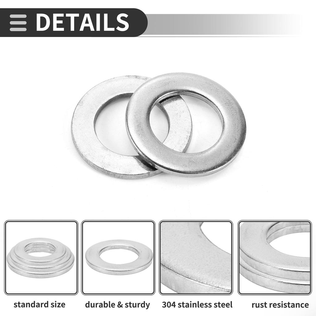 Motoforti Universal Flat Washers, 23mm Inner Diameter, 39mm Outer Diameter, 3mm Thick, Durable Stainless Steel, Silver Tone, 10-Piece Set