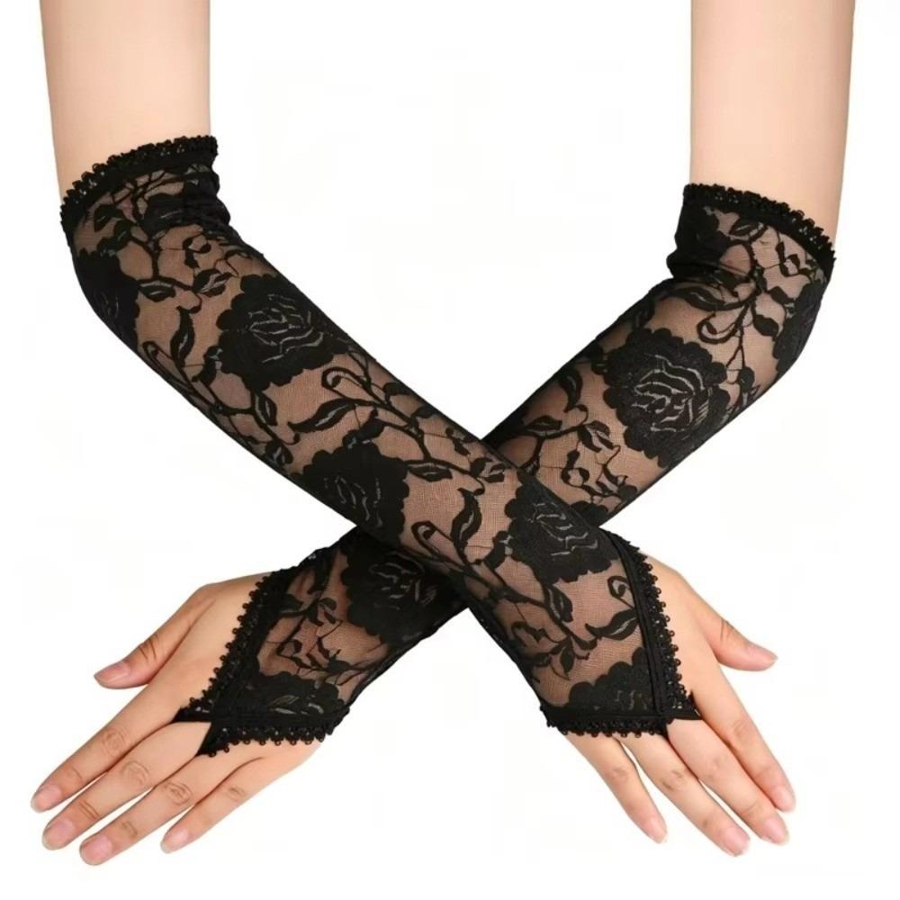 Fingerless Design Elbow Length Gloves Sheer Fabric Long Floral Gloves Formal Occasion