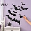 Bright Color Pumpkin Decal 12Pcs Bats Wall Decals, Halloween 3D Bat Stickers for Home Decor, Decals 4 Size Waterproof Black Spooky Bedroom Living Room