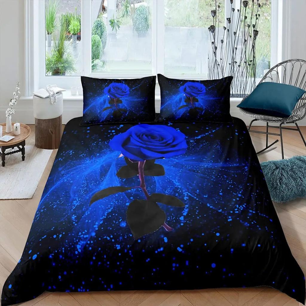 Blue Rose Duvet Cover Set King Size 3D Printed Blossom Flowers Bedding Set Valentine'S Day Botanical Polyester Comforter Cover