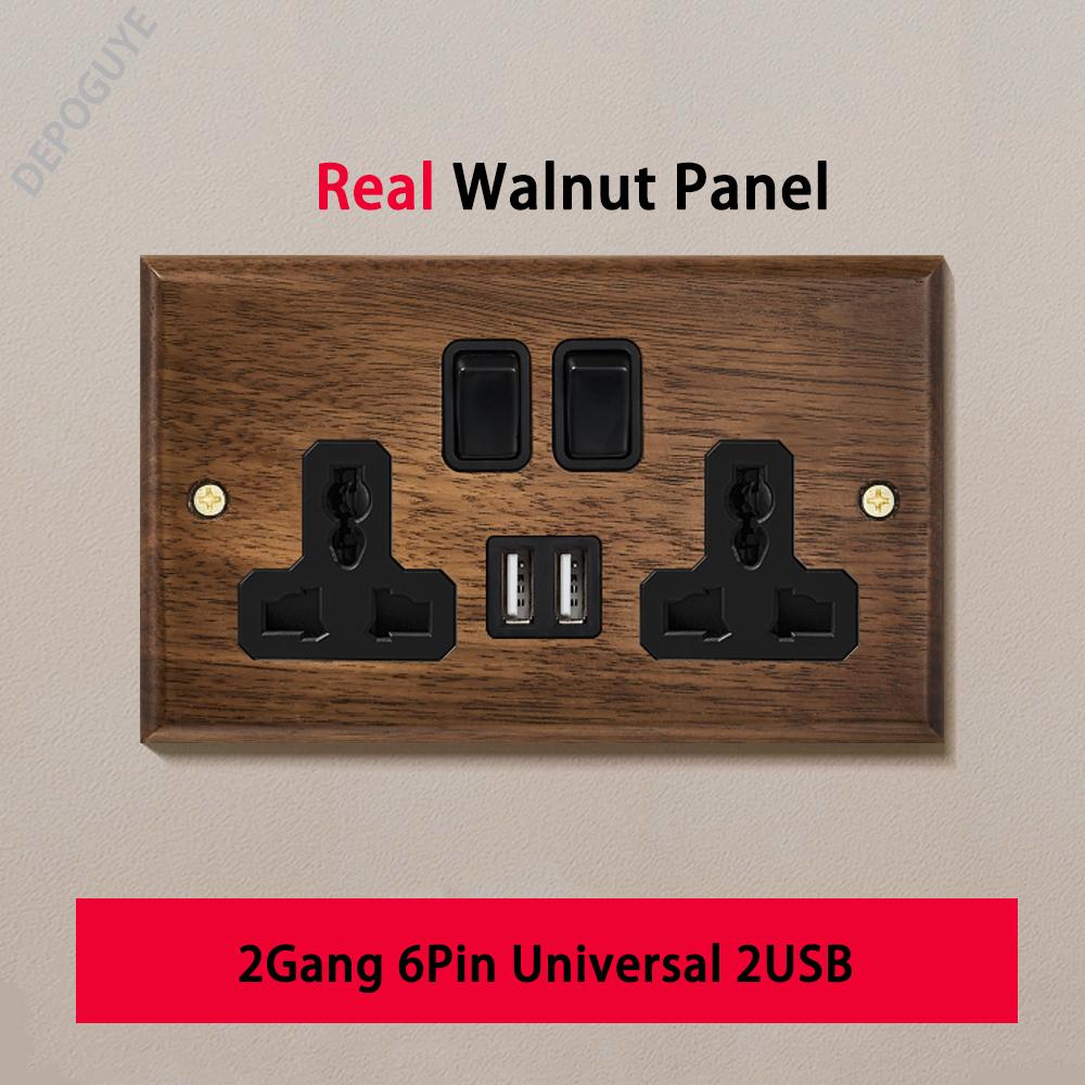 Черная ретро-панель тумблера на стену из грецкого ореха 1-4 клавиши 2-сторонняя из массива дерева двойная универсальная электрическая розетка EU/FR с USB-C