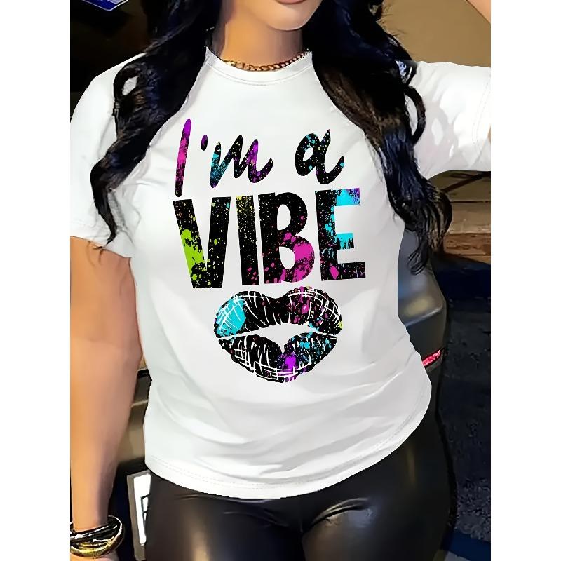 Женская футболка с принтом 'I'm A Vibe' и принтом губ, с круглым вырезом, коротким рукавом, модная, повседневная, осенний топ
