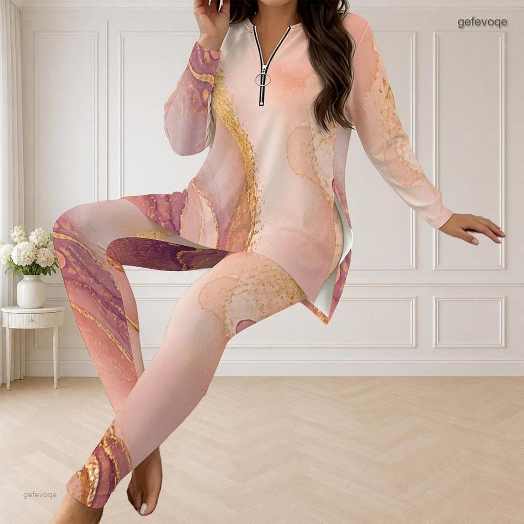 Women Plus Size Half Zip Long Sleeve Marble Print Long Top And Fitted Pants Two Piece Set