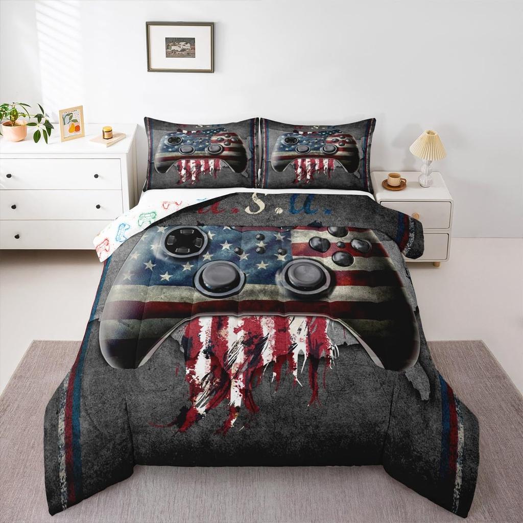 Erosebridal Western Texas Star Bedding Set Retro Vintage American Flag Quilt Cowboys Gifts for Men,Patchwork White Red and Blue Comforter Se