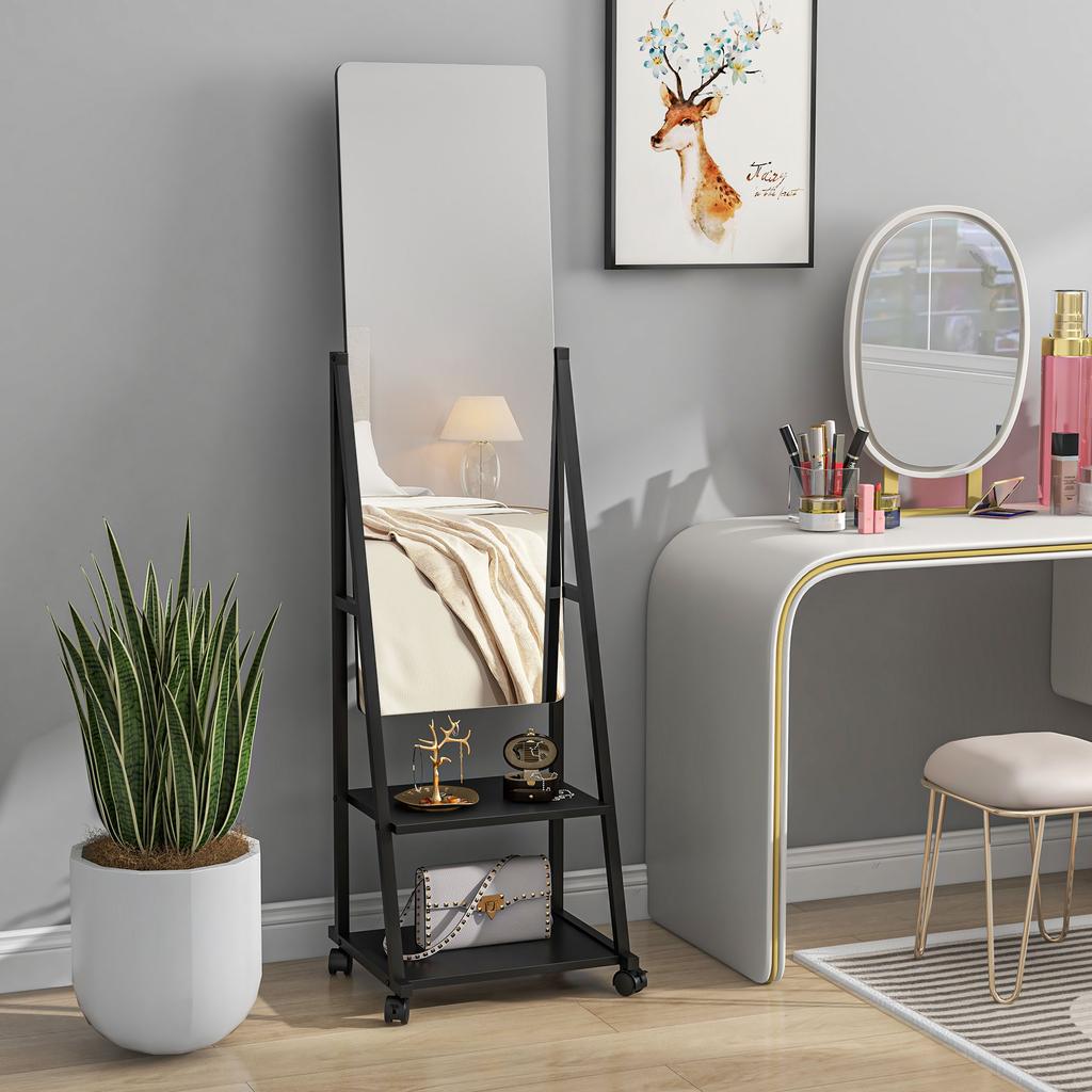 Free Standing Dressing Mirror Rolling Full Length Mirror On Wheels With Adjustable Angle Storage Shelves For Bedroom