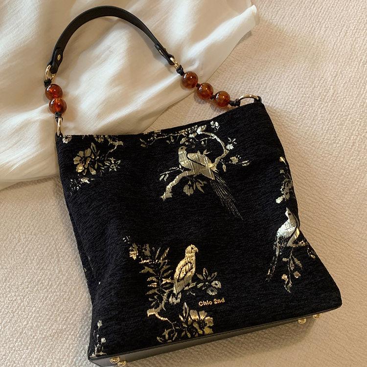 Vintage Landscape Embroidery Black Handbag Women Ethnic Large Capacity Beaded Shoulder Bags Ladies Elegant Premium Crossbody Bag