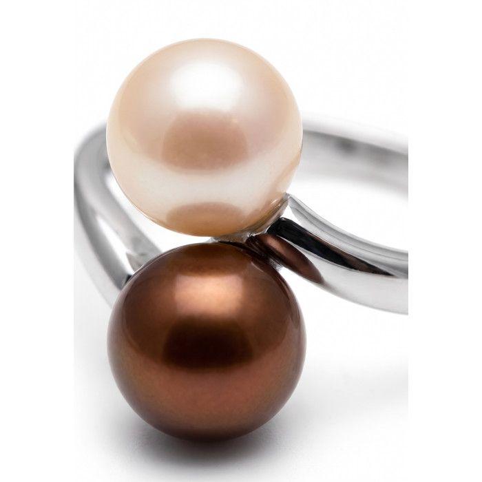 Bague - Pearls &amp; Colors - Véritables Perles d'Eau Douce 7-8 mm - Or Blanc 375/1000 - Colori Rose &amp; Chocolat