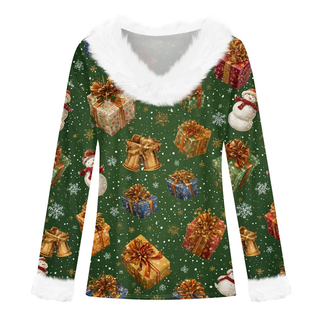 Women's T Shirt Tee Christmas Shirt Long Sleeve Party Christmas Print Fleece Collar V Neck Top