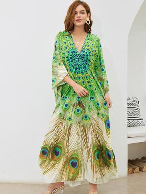Кафтан большого размера Бохо Зеленый с принтом павлина Летнее длинное пляжное платье Женский домашний костюм Накидка для купальника Свободный кафтан EMA