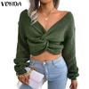 VONDA Women Casual Autumn V Neck Long Sleeve Twisted Cropped Sweaters Knitwear