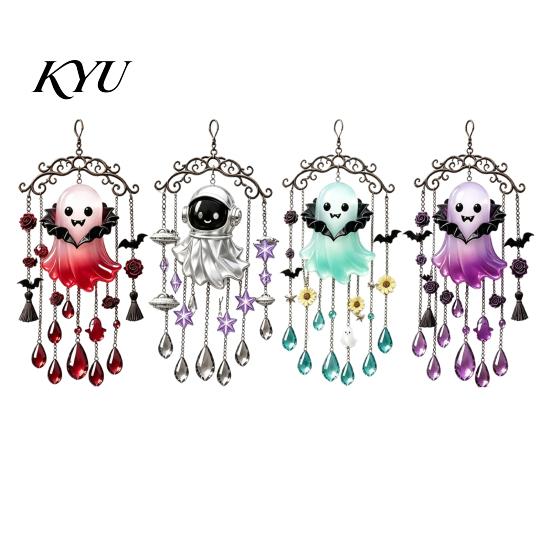 Window Hanging Decoration Halloween Ghost Wind Chime Decoration, Vintage Sun Catcher with Faux Crystal Party Supplies Drops Tassels, Acrylic Ornament