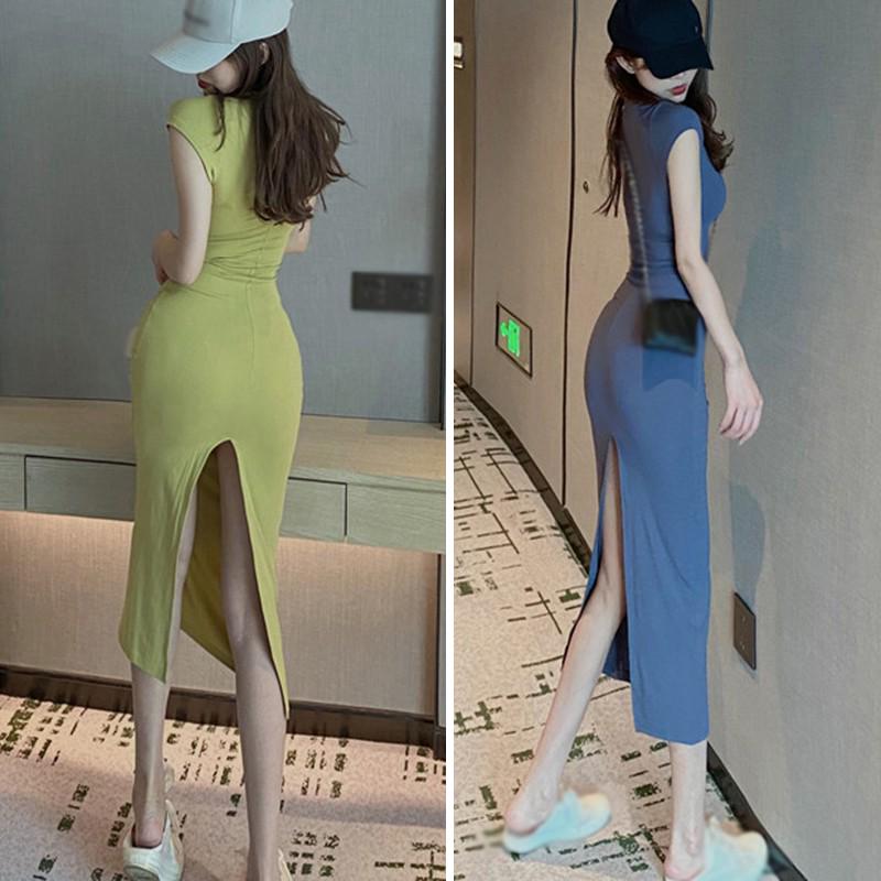 Women's Solid Color Casual Sexy Slit Bodycon Dress Summer Sleeveless Ladies Mid-length Vestidos