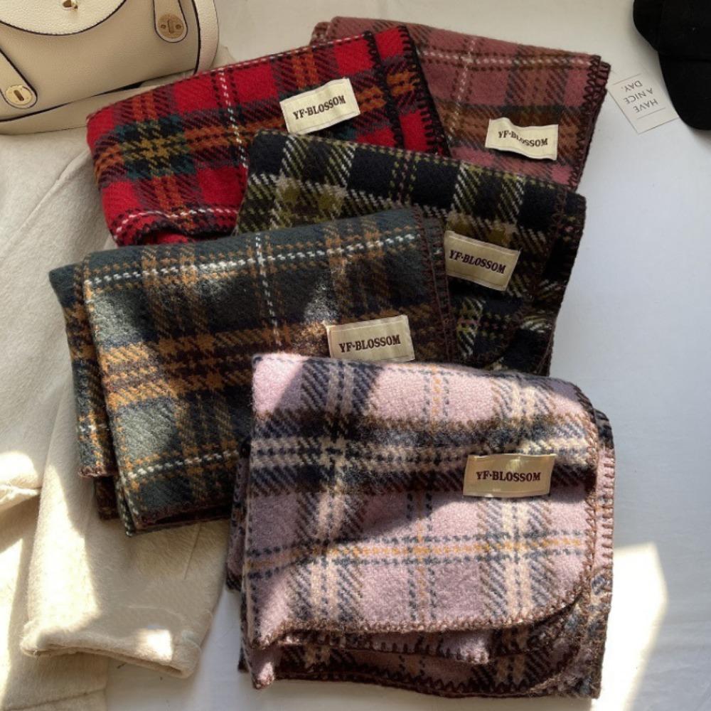 Cashmere Red Plaid Scarf Plush Wool Scarves Simple Long Shawl Lady