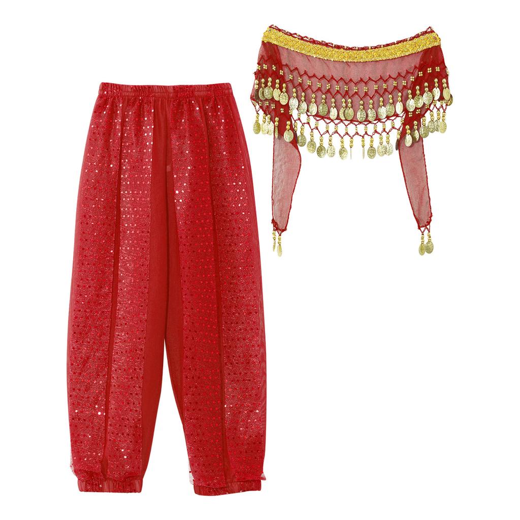 Kids Girls Belly Dance Performance Pants Sequined Dots Chiffon Trousers Bloomers with Tassels Waist Chain Hip Scarf