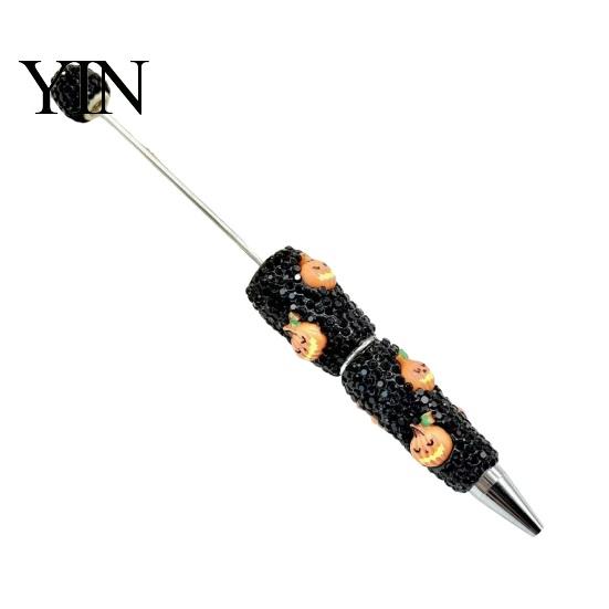 Festive Gel Ink Pen Rhinestone Beadable Pen, Glitter Plastic Beaded Halloween Pumpkin Ghost Skull Funny for DIY Craft Making, School Office