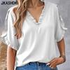JKASHDK Women's Fashion Casual Summer Spring Solid Color Print Short Sleeve V-Neck Blouses & Shirts