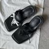 Fashion Black Lace Up Buckle Design Brand High Heel Slipper Women Summer Sexy Clip Toe Beach Flip Flops Comfort Square Toe Slide Sandals