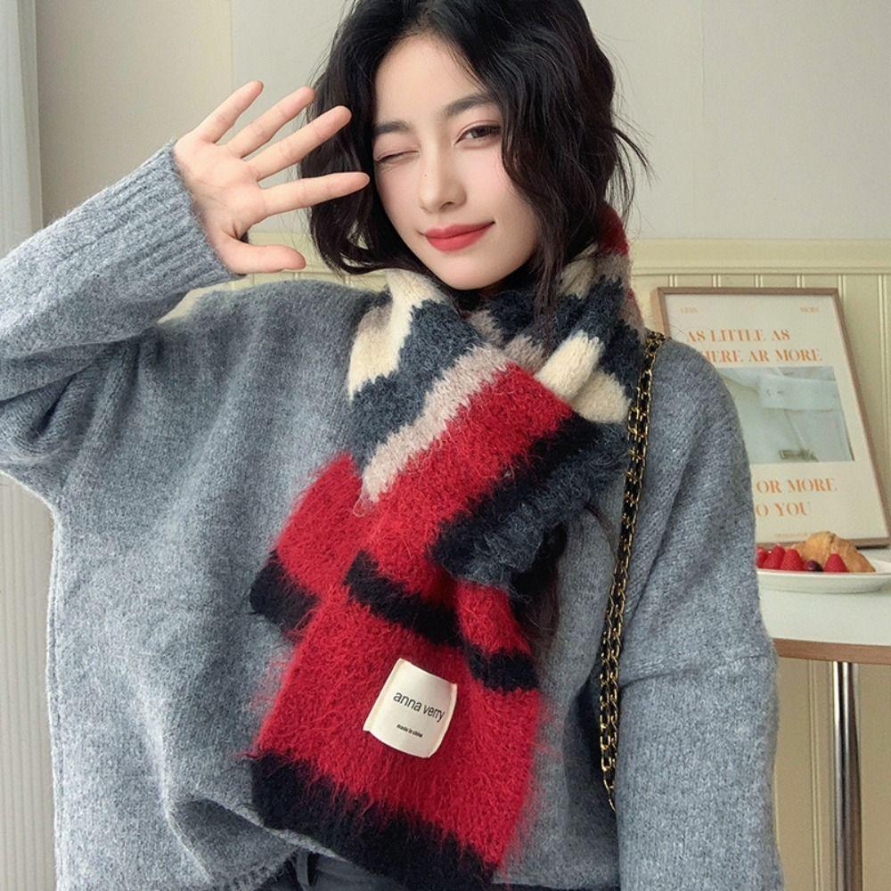Korean Style Knitted Stripe Scarf Thickened Women Winter Scarves Multicolor Cashmere Shawl  Girls
