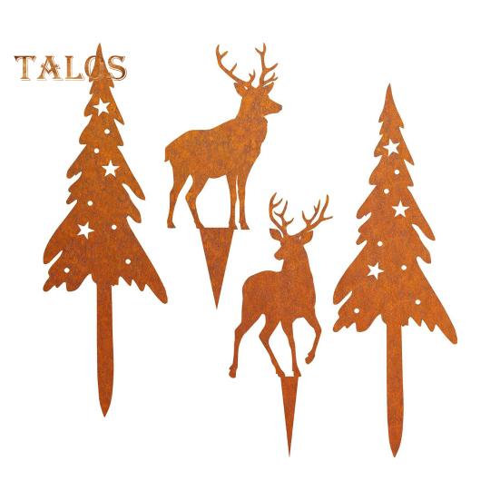 4Pcs/Set Christmas Tree Garden Stake Weather-proof Heavy Duty Outdoor Patio Yard Lawn Metal Elk Silhouette Sign Spike Stick Decoration Ornament
