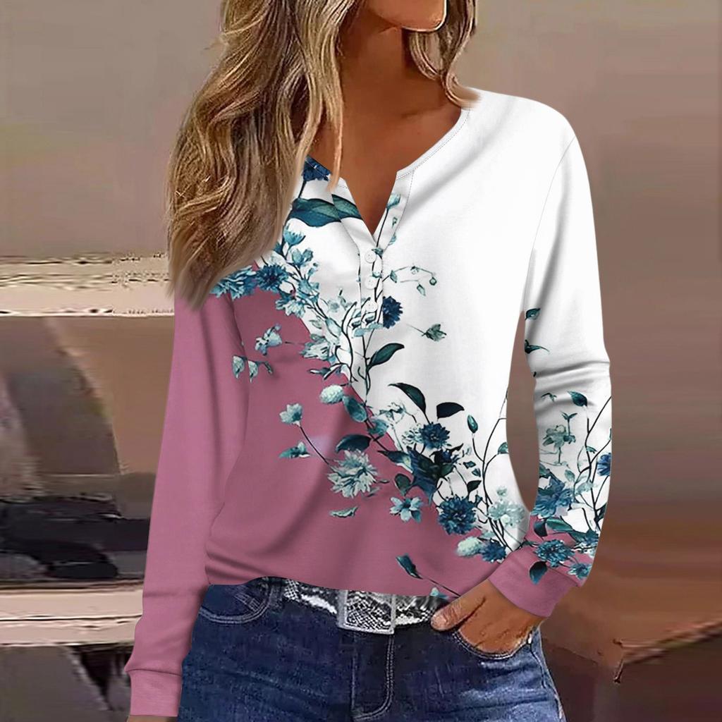 Women's T Shirt Tee Button Long Sleeve Daily Weekend Fashion Basic V- Neck Regular Top
