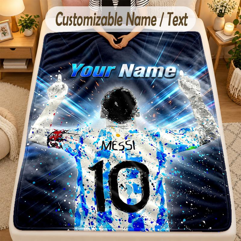 Flannel BlanketLionel Messi Custom Name Text Personalized Soft Warm Throw Blanket Home Decor Gift