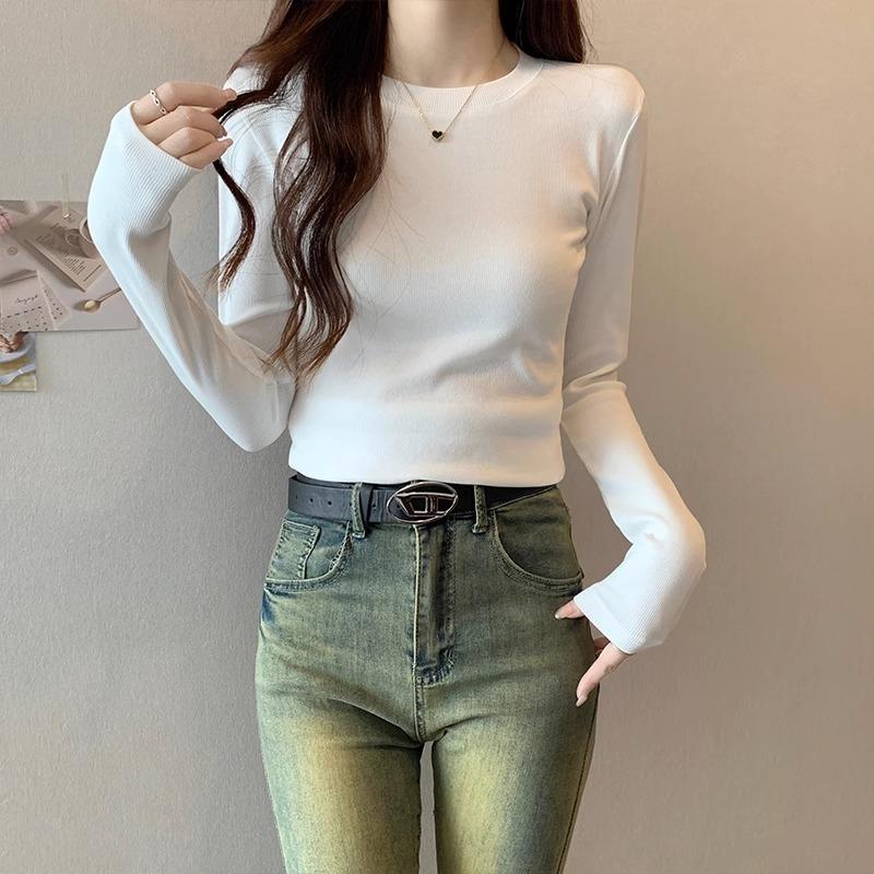 Футболка бордового цвета с длинными рукавами для женщин на осень, круглый вырез, правое плечо, облегающий крой, короткая рубашка с короткими рукавами, маленький топ